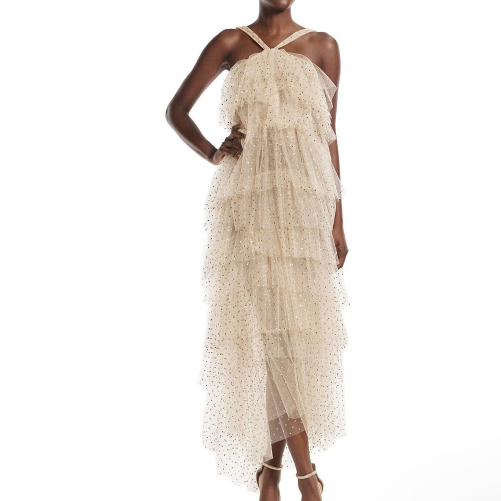 Monique Lhuillier Strapless Tulle Champagne Gold Dress
